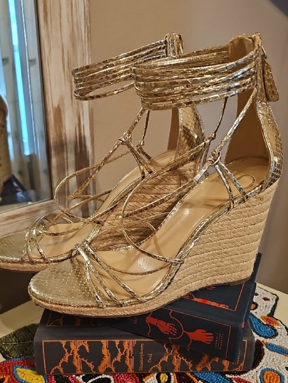 JLo Women's Metallic Gold Lace-Up Espadrille Wedge Sandals In Box